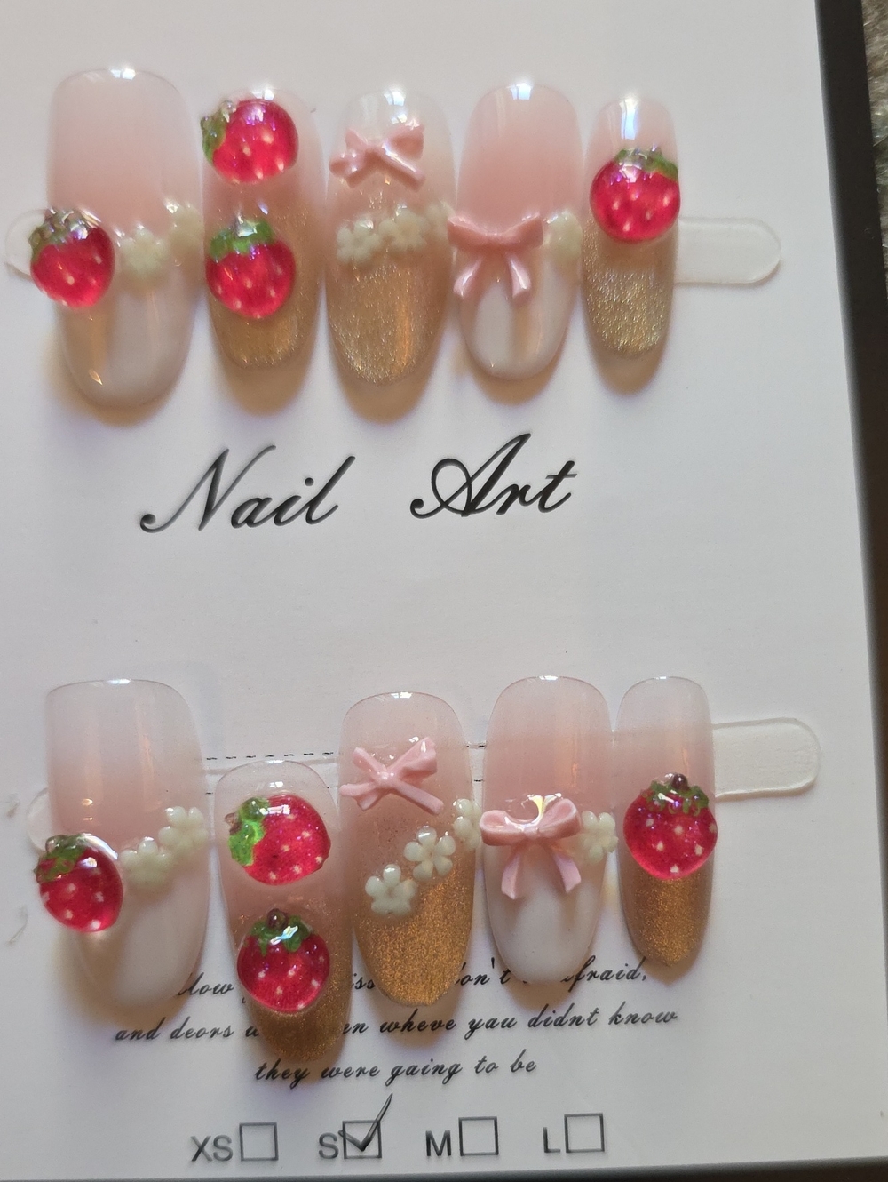 Sweet Strawberry Pink & Gold Press-On Nail Set - Nail Art Size Small